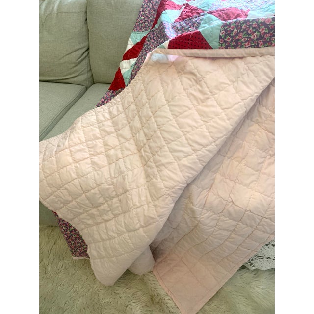1970s Vintage Collectibles Handmade Pinwheels Floral Polka Dot Patchwork Quilt, Reversible to Solid Pink For Sale - Image 5 of 12