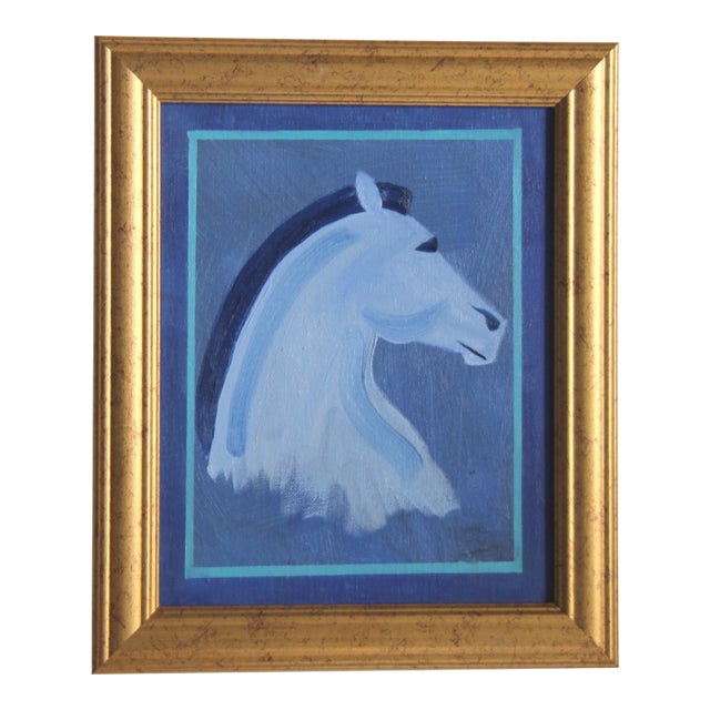 Horse Portrait Blue Minimalism Art Deco Abstract Original Oil Painting by Cleo Plowden For Sale