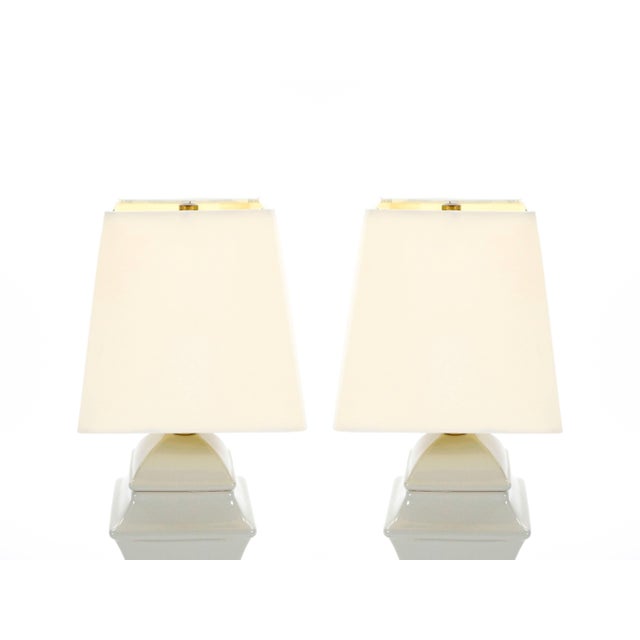 Late 20th Century 20th Century Gray Iridescent Porcelain /Gilt Gold Painted Wood Base Small Table Lamps For Sale - Image 5 of 12