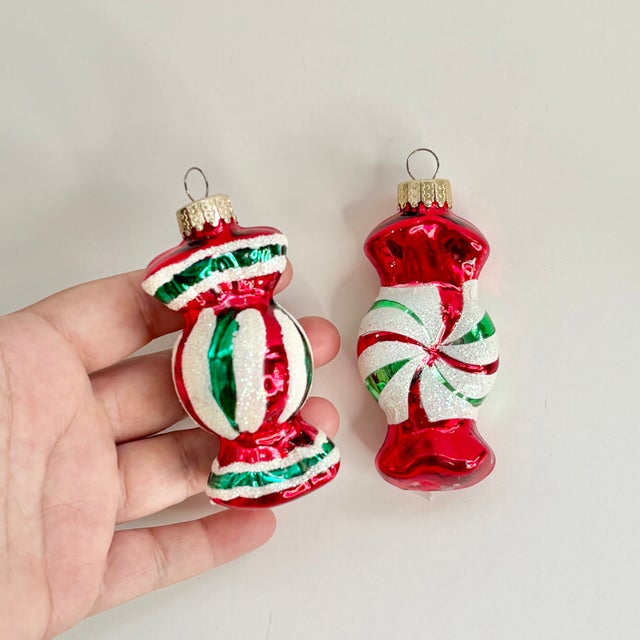 Mid-Century Modern Glass Candy Christmas Ornaments, Set of 2 - Wrapped Peppermint Sweets Decor For Sale - Image 3 of 10