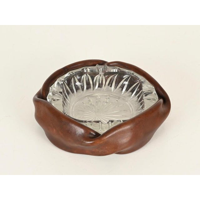 Curved Nova Ashtray in Brown Leather and Cut Crystal from Tecno, Italy, 1950s For Sale - Image 6 of 12