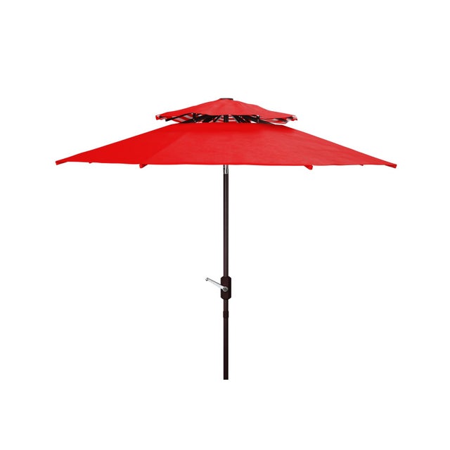 Traditional Athens 9Ft Double Top Crank Umbrella, Red With White Understripe For Sale - Image 3 of 6