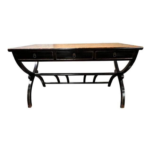 Mid 20th Century Chinese Colonial Style Desk With Rattan Top For Sale