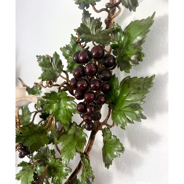 Metal Old Italian Grape & Vine Hand Painted Tole Metal Wall Scones, 3 Candle Holders, a Pair 22" For Sale - Image 7 of 12