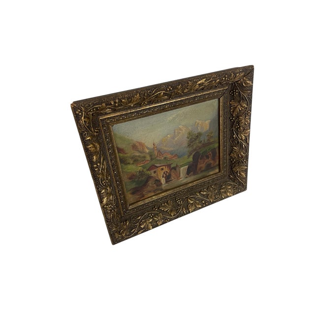 A late 19th-century European styled oil painting depicting an Alpine valley with an active watermill, cascading falls, a...