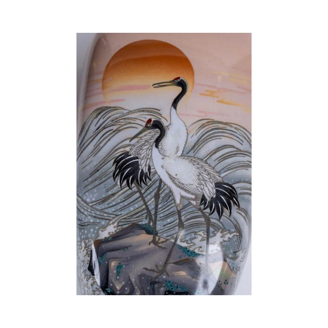 A Large Pair of Japanese Cloisonne Pink-Ground Vases Featuring Sunset and Cranes For Sale - Image 14 of 15