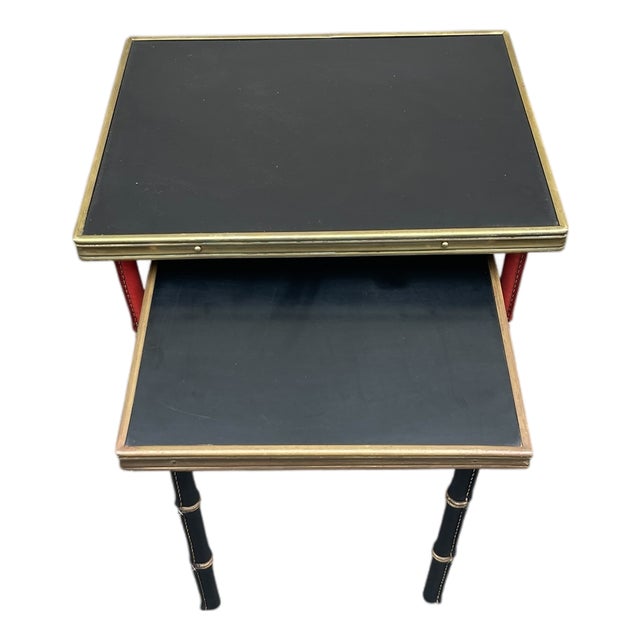 Vintage Stitched Leather Nesting Tables by Jacques Adnet, 1950s, Set of 2 For Sale