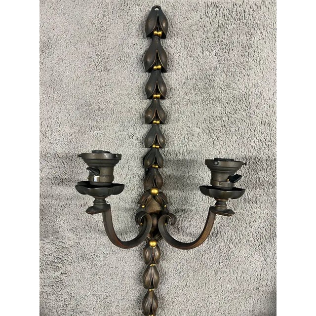Black 1930s Art Nouveau Two Arms Bronze W Frosted Milk Glass Shades Wall Sconce, a Set of 3 For Sale - Image 8 of 13