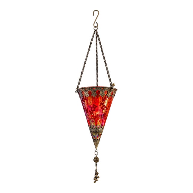 Vintage Moroccan-Style Hanging Lantern | Iridescent Red Glass Tea Light Holder For Sale