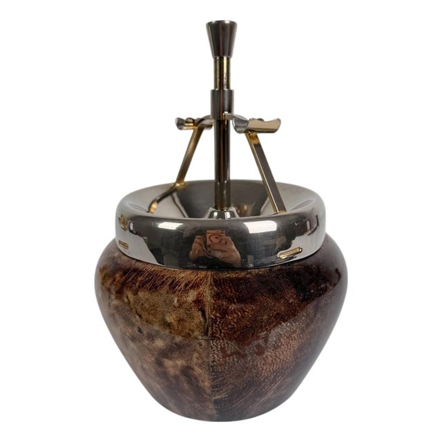 Vintage Push Down Ashtray in Chromed Brass and Goatskin from Aldo Tura, Italy, 1950s For Sale