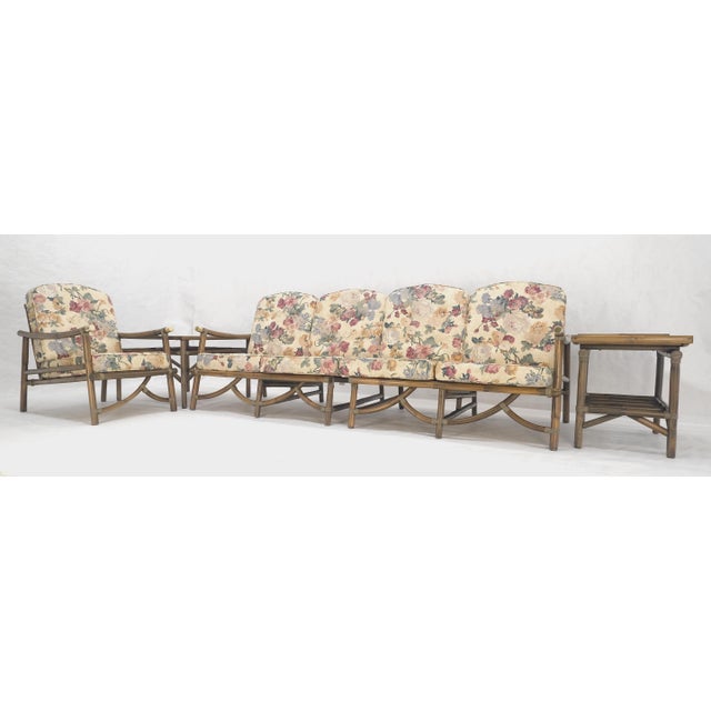 Vogue Rattan Bamboo c1970s Sofa Matching Chair Pair of End Tables 5 Pcs Set Mint For Sale - Image 18 of 18