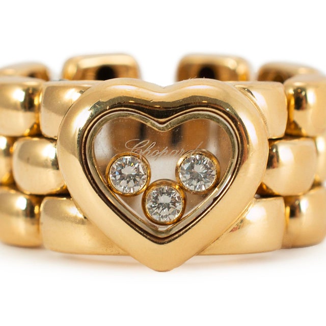 Early 21st Century Chopard Happy Diamonds Icons Heart 18k Yellow Gold Flexible 3 Row Link Band Ring, Size 6 For Sale - Image 5 of 9