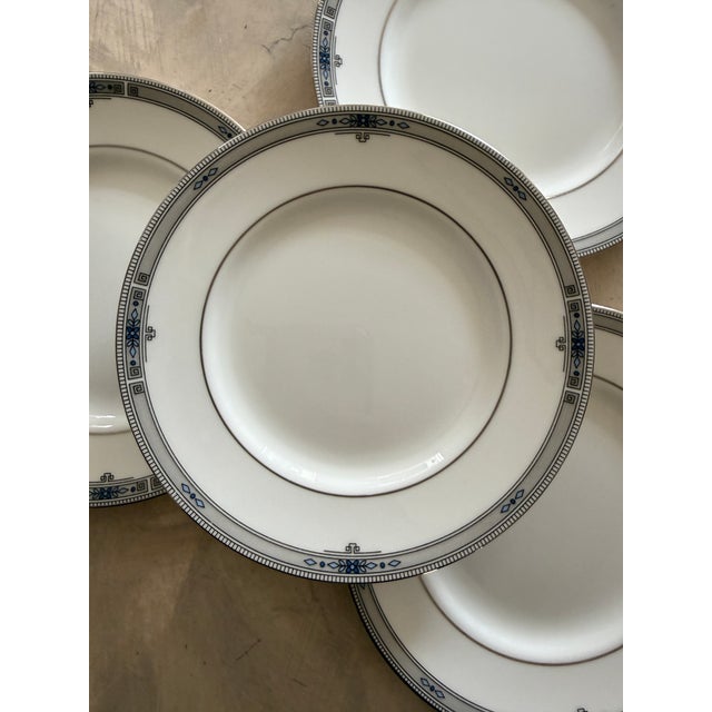 Late 20th Century Wedgwood Amherst Bone China Plates 6 Inch Dove Gray Greek Key Blue Floral England - Set of Five (5) For Sale - Image 11 of 12