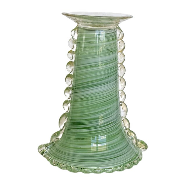 Mid-Century Modern Vintage Murano Green Swirl Hand-Blown Glass Vase With Clear Rigaree Beading, Italy, C. 1980s For Sale - Image 3 of 14