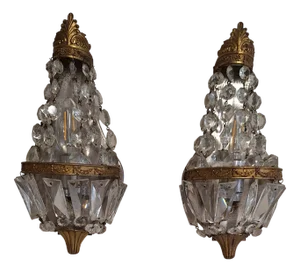 Mid-Century Brass Wall Lamps Crystal Glass Drops, 1950s, Set of 2