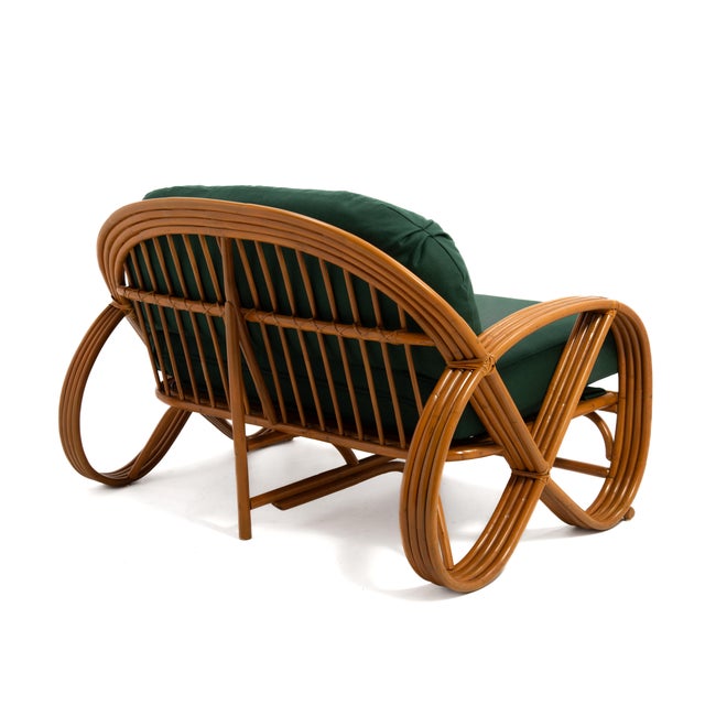 Green Four Band Pretzel Rattan Set Sofa Settee Coffee Table Two End Tables After Paul Frankl Five Piece Living Room Set For Sale - Image 8 of 18