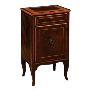 19th Century Italian Bedside Table with Inlaid Décor, Single Drawer and Door For Sale