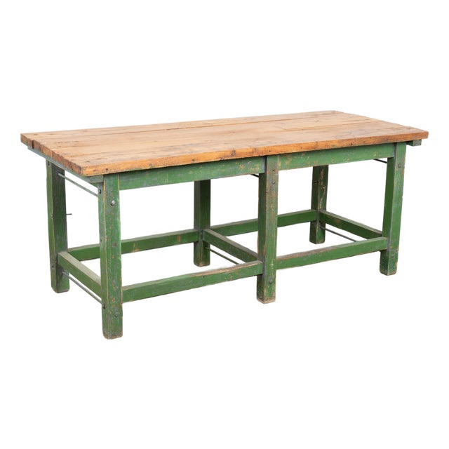 19th Century Hungarian Original Green Painted Pine Work Table For Sale