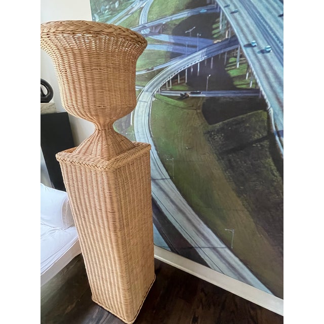 Traditional Pair of Rattan Urns on Pedestals For Sale - Image 3 of 8
