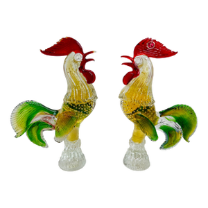 C. 1950's 12" Murano Glass Italy Rooster Figurines a Pair