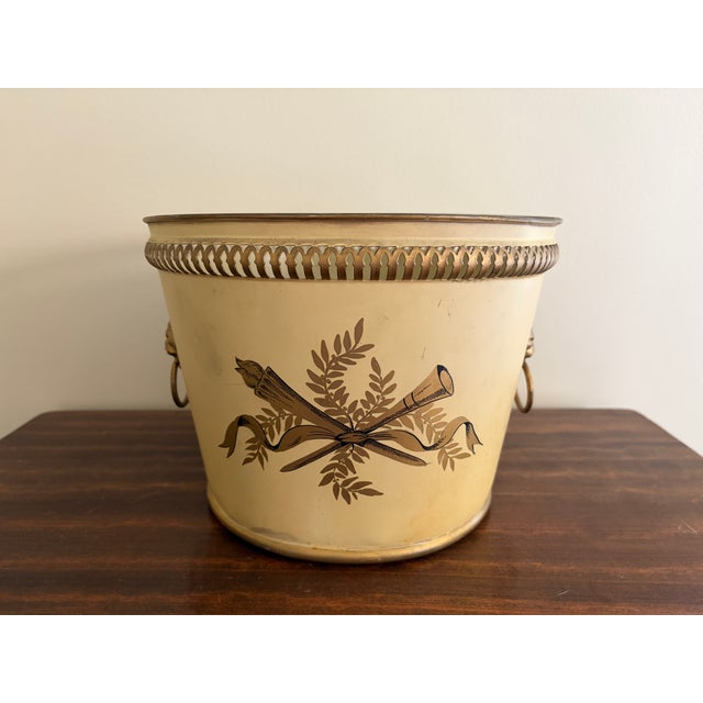 Antique French Neoclassical Yellow Tole Cachepot With Lion-Head Handles For Sale - Image 9 of 12