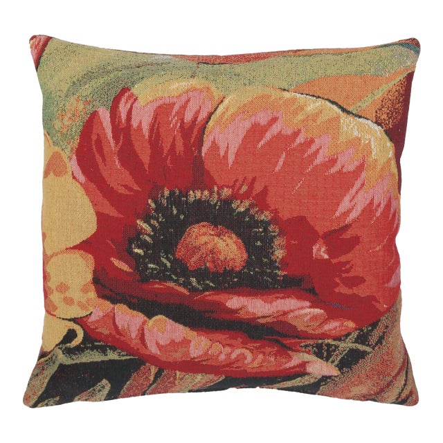 Red Poppy Tapestry Cushion With Feather Filler - 46x46cm (18"x18") For Sale
