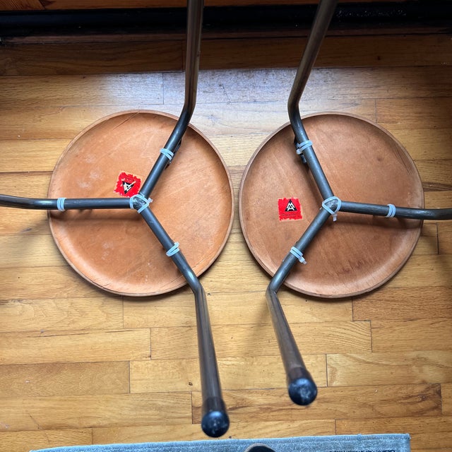 Mid-Century Modern 1950s Stalmobler Mid Century Danish 3 Leg Dot Stools Pair Steel Teak MCM For Sale - Image 3 of 18