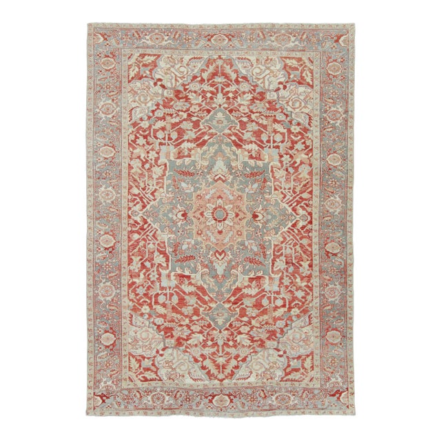 Antique Persian Heriz Rug in Red and Teal Floral Design - Rug & Kilim For Sale