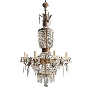 1930s Empire Brass Crystal Lustre Chandelier For Sale