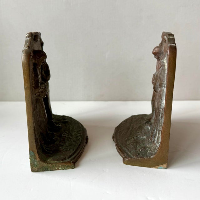 1920s Antique Solid Bronze Embossed Bookends Depicting a Couple in Prayer Styled After the Angelus by Millet For Sale - Image 5 of 9