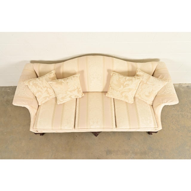 Late 20th Century Ethan Allen Chippendale Carved Mahogany Upholstered Camelback Sofa For Sale - Image 5 of 13