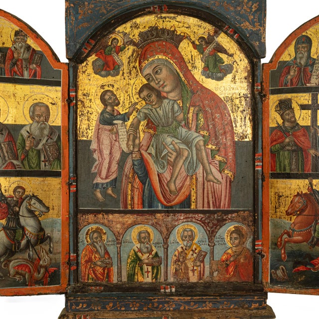 Baroque Antique 18thC Greek Orthodox Triptych Icon Virgin Mary & Saints Egg Tempera 1700 For Sale - Image 3 of 18