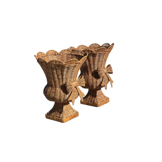 Pair Woven Rattan/Wicker Urns With Bows For Sale - Image 14 of 14