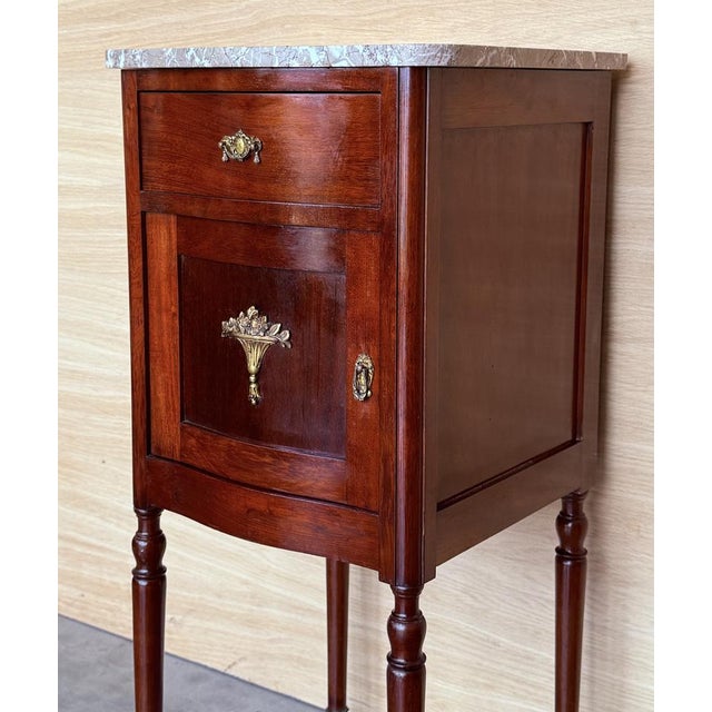 Wood Art Nouveau Mahogany Nightstands with Crest Marble Top, 1900s, Set of 2 For Sale - Image 7 of 11