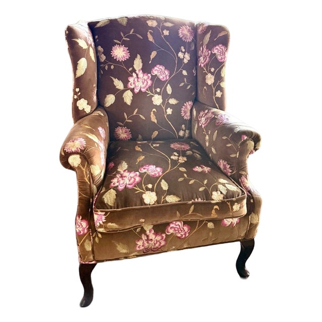 Vintage Custom Kravet Traditional English Cottage French Import Floral Velvet Armchair For Sale