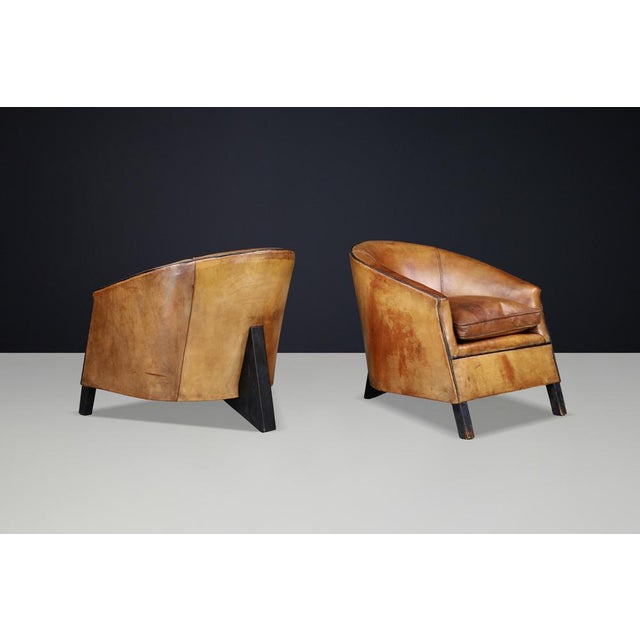 Wood Patinated Leather Armchairs attributed to Bart van Bekhoven, Netherlands, 1970s, Set of 2 For Sale - Image 7 of 18