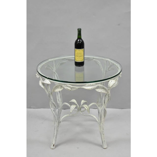 Vintage Italian Hollywood Regency White Distress Painted Wrought Iron Vine & Leafy Scroll Round Glass Top Lamp Side Table....