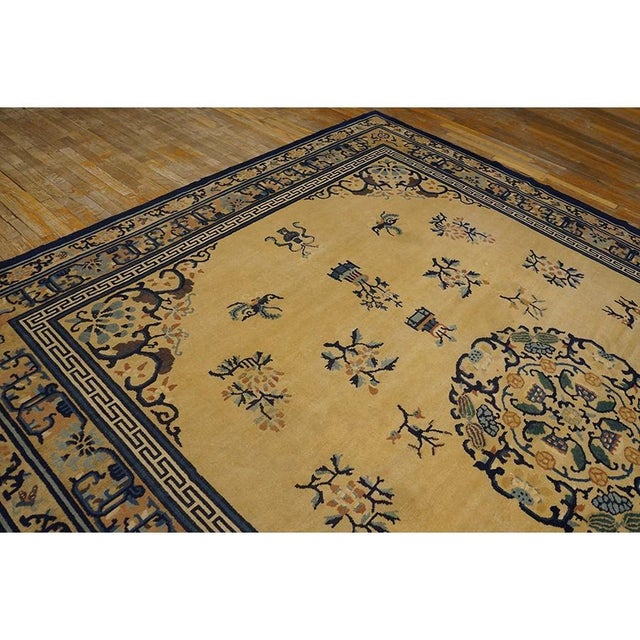 Beige 1920s Beige Floral Classic Greek Key Deco Antique Chinese Peking Knotted Rug For Sale - Image 8 of 10