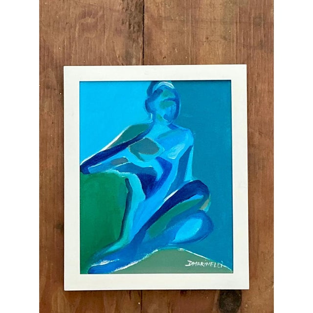 Blue Vintage Figurative Blue Acrylic Oil in Canvas For Sale - Image 8 of 12