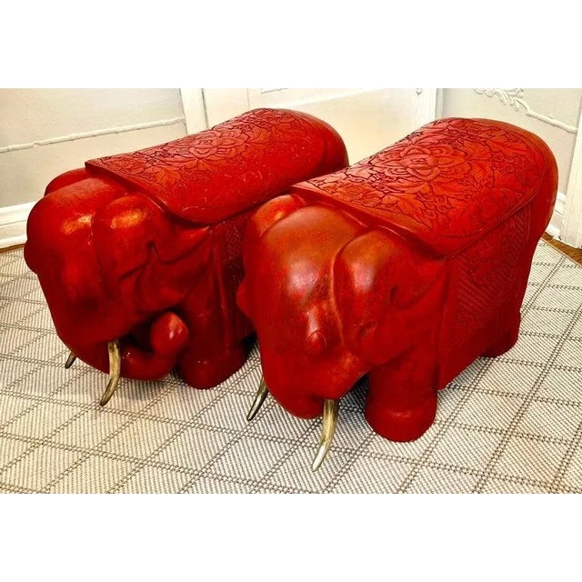 Mid 20th Century Red Cinnabar Hand Carved Asian Elephants with Brass Tusks - A Pair For Sale - Image 4 of 12
