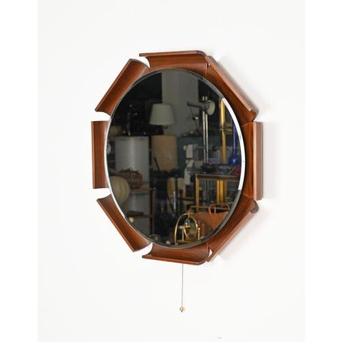 1960s Italian Curved Teak Backlit Bevel Mirror by ISA Bergamo, 1968 For Sale - Image 5 of 14
