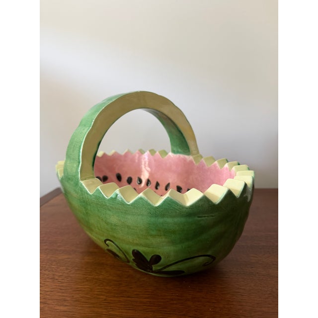 Bordallo Pinheiro Vintage Ceramic Watermelon Basket Serving Bowl With Handle | Hand-Painted Mid-Century Summer Entertaining Fruit Basket For Sale - Image 4 of 9
