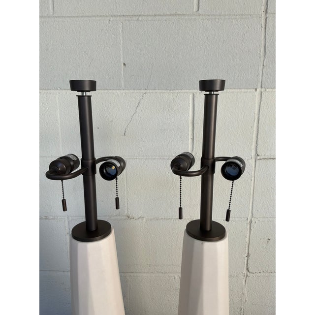 Stylish Baker / Barbara Barry Prism Table Lamps. Textured off-white body, dark bronze hardware, two lights. Original...