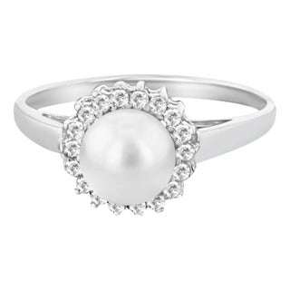 Freshwater Pearl & Diamond Halo Ring, Size 6 For Sale