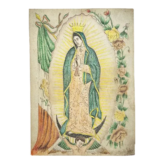 Virgin of Guadalupe Hand Colored Spanish Colonial Drawing - Signed Mexico For Sale