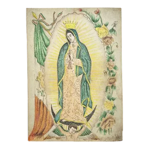 Virgin of Guadalupe Hand Colored Spanish Colonial Drawing - Signed Mexico