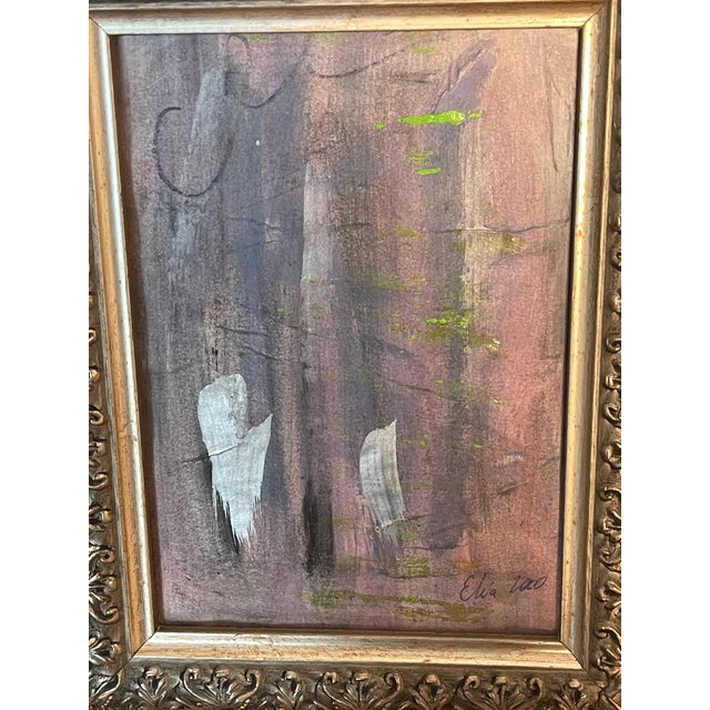 Beautiful colors combination Meditative Abstract original mixed media mini painting by Elia in silver tone frame.