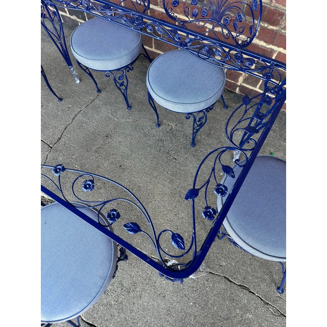Navy Blue Vintage Whimsical Patio Dining Set 6 Chairs and Table Professionally Powder Coated and Upholstered For Sale - Image 8 of 9