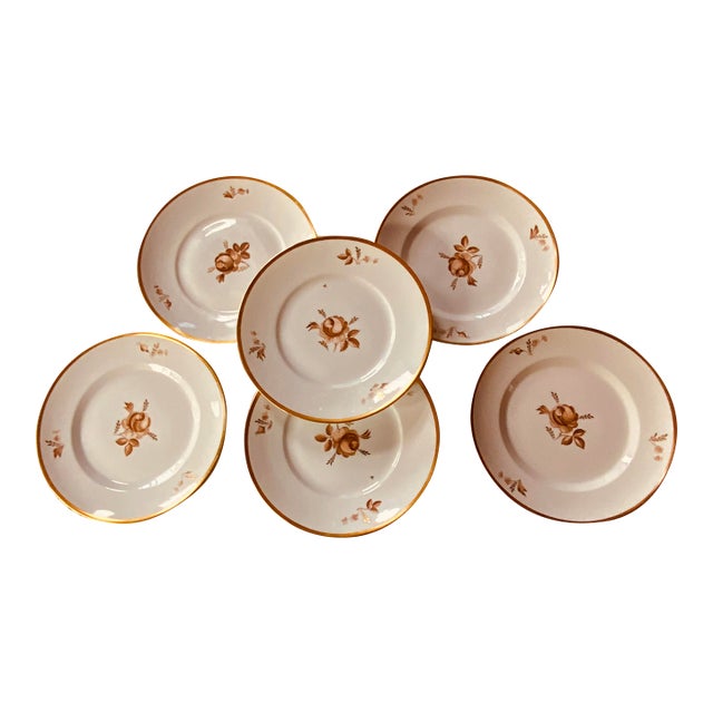 Royal Copenhagen Brown Rose Hand-Painted Porcelain Dinner Plates Set of 6 - Gilt Borders For Sale