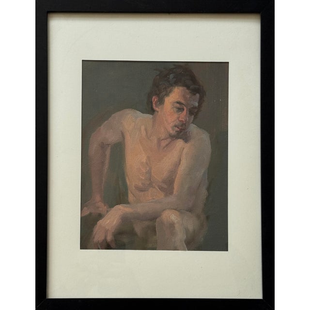 Vintage Expressionist Male Figurative Nude Study, Framed (Oil on Canvas Paper). Matted and housed under glass in a black...